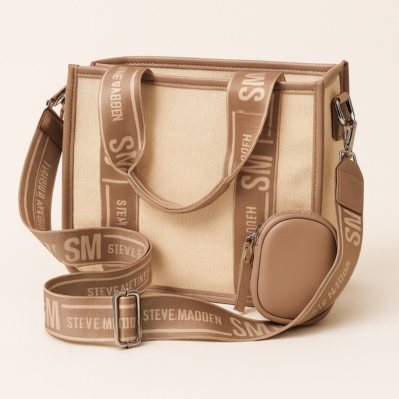 Steve Madden Handbags - Steve Madden Beige Canvas Tote Crossbody with Logo Strap & Coin Pouch
